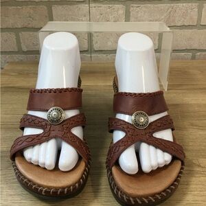 Minnetonka BrownLeather Slip On Wedge Heel Sandals